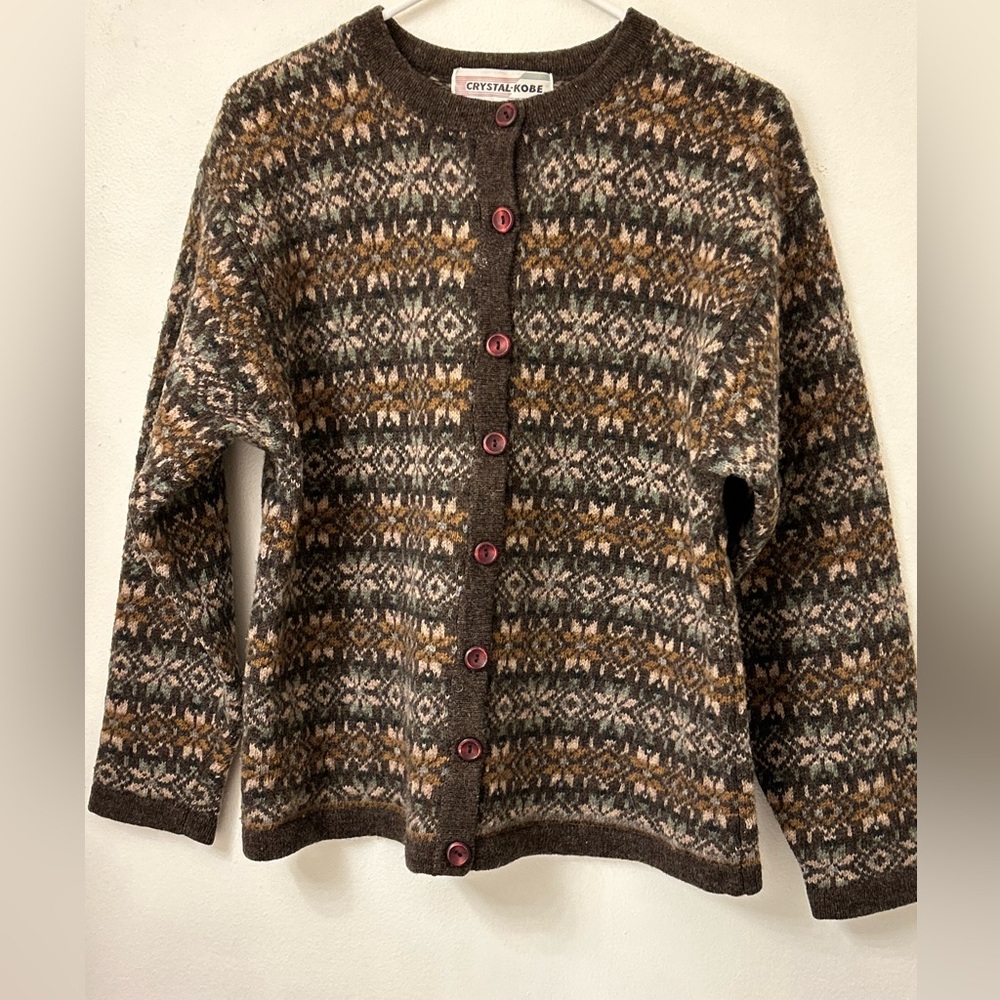 Vintage 1980s Brown Tan Sage Shetland Wool Button Front Sweater Crystal Kobe XL.